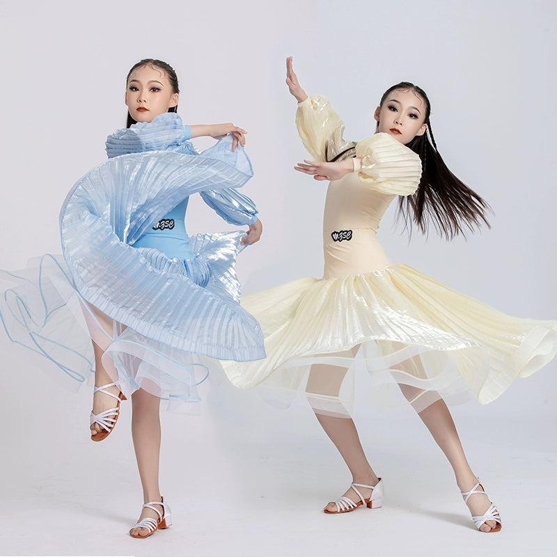 Light blue Yellow Ballroom Dance dresses for kids girls professional national waltz foxtrot smooth dance long gown for Children - Moderndancedress.com