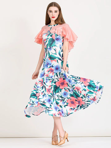 Pink Green Printed Modern Ballroom Dance Dress for Women Girls Waltz Tango Foxtrot Smooth Dance Long Gown - Moderndancedress.com