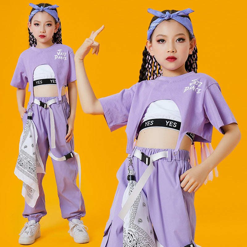 Girls hip hop street jazz dance costume Children fashion purple stage performance model catwalk gogo dancers dance outfits for kids - Moderndancedress.com
