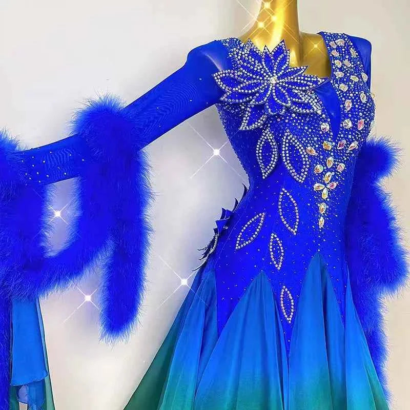 Customized Size Feather Competition Ballroom Dance Dresses for Women Girls Blue Dark Green Waltz Tango Foxtrot Dance Gown