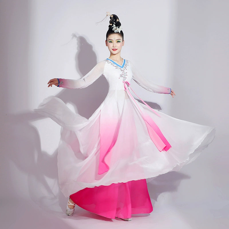 Pink green gradient chinese folk dance costumes women ancient traditional classical dance performance dresses female fairy hanfu - Moderndancedress.com