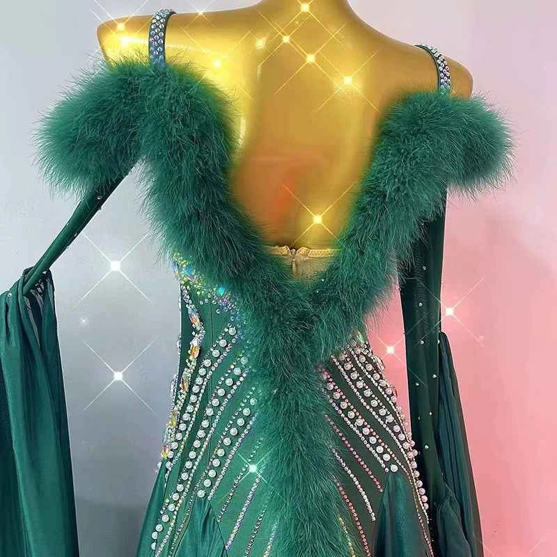 Custom Size Women's Dark Green Ballroom Dance Dresses National Standard Waltz Dancing Costumes