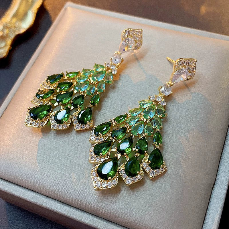 Green Feather Bling Earrings Party Ball Music Festival Stage Performance Evening Dresses Jewelry Bridal Wedding Paty Accessories