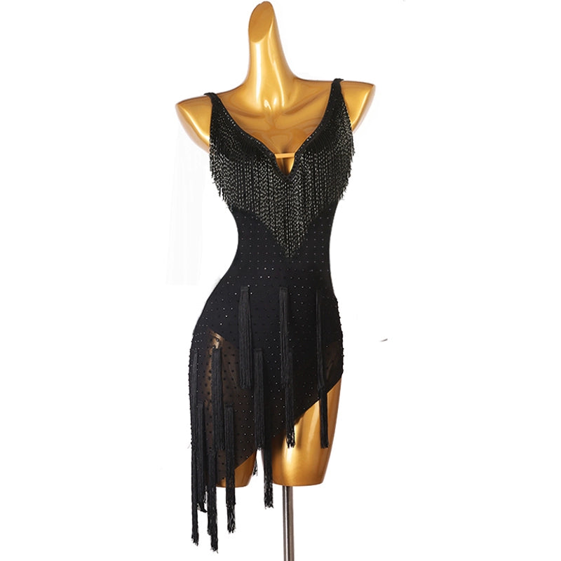 Black Bling Fringe Latin Competition Dance Dresses for Women Girls Latin Salsa Rumba Chacha Performance Outfits Irregular Hem Skirts - Moderndancedress.com