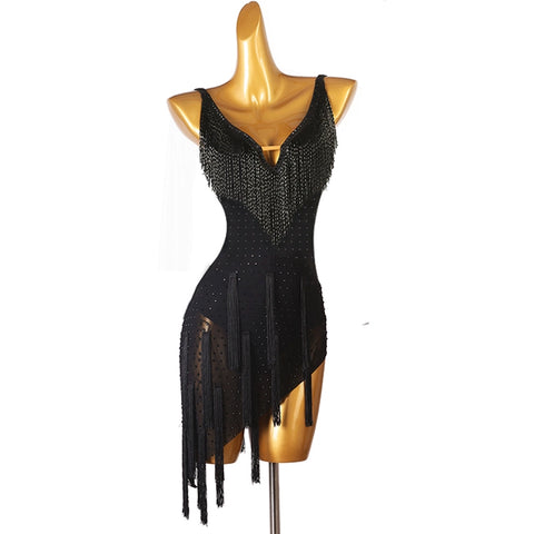 Black Bling Fringe Latin Competition Dance Dresses for Women Girls Latin Salsa Rumba Chacha Performance Outfits Irregular Hem Skirts - Moderndancedress.com