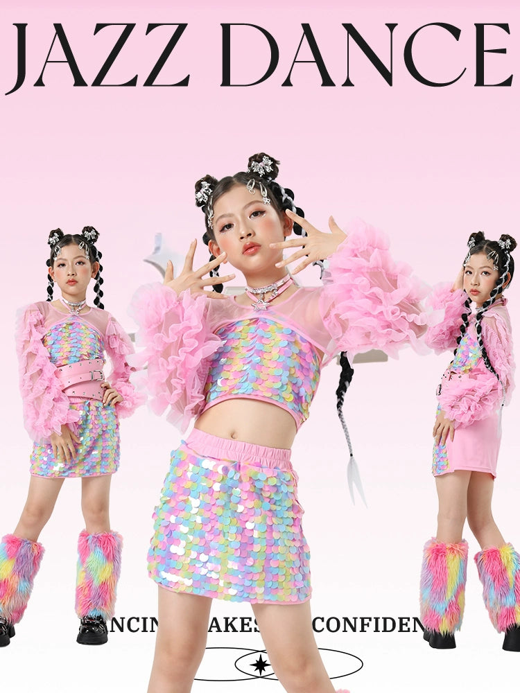 Rainbow Sequined Jazz Dance Costumes for Girls Kids Model Runway Catwalk Clothes Festival Party Dress Up Photos Shooting Outfits - Moderndancedress.com