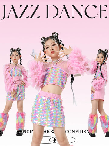 Rainbow Sequined Jazz Dance Costumes for Girls Kids Model Runway Catwalk Clothes Festival Party Dress Up Photos Shooting Outfits - Moderndancedress.com