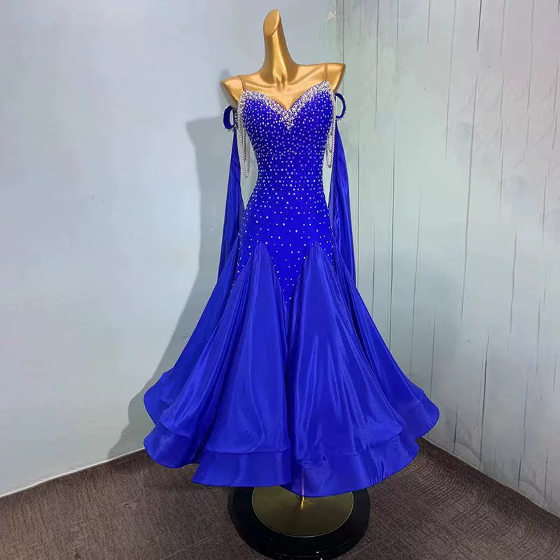 Custom Size Royal Blue Ballroom Dance Dresses for Women Girls Rhythm Smooth Foxtrot Waltz Tango Dance Competition Long Gown