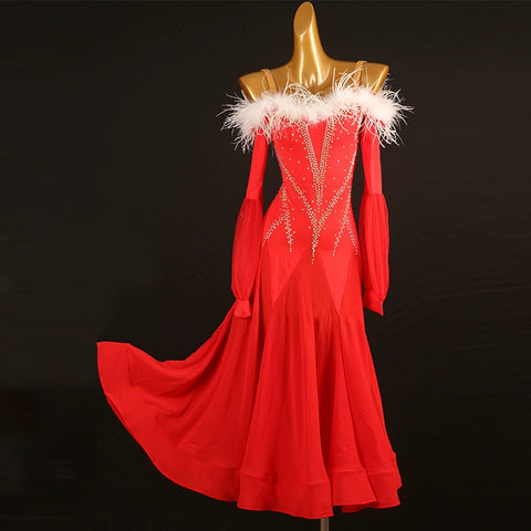 Red with White Feather Competition Ballroom Dance Dress for Women Girls Kids Waltz Tango Flamenco Rhythm Party Performance Ball Gown - Moderndancedress.com