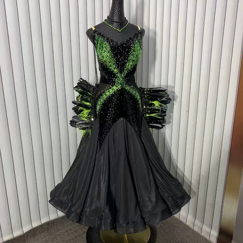 Custom Green & Black Ballroom Dance Dress | Competition Smooth Gown