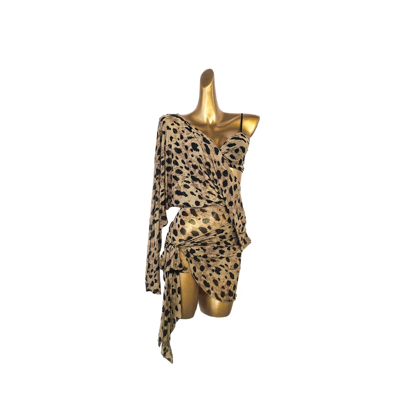 Leopard Latin Dance Dress for Women Girl One Shoulder Backless Bat Sleeves Salsa Chacha Dance Costume