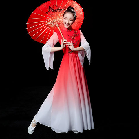 Chinese Folk Dance Costume Classical Dance Costume Chinese Wind Fairy Umbrella Dance Modern Dance Costume with Long Skirt Adults - 
