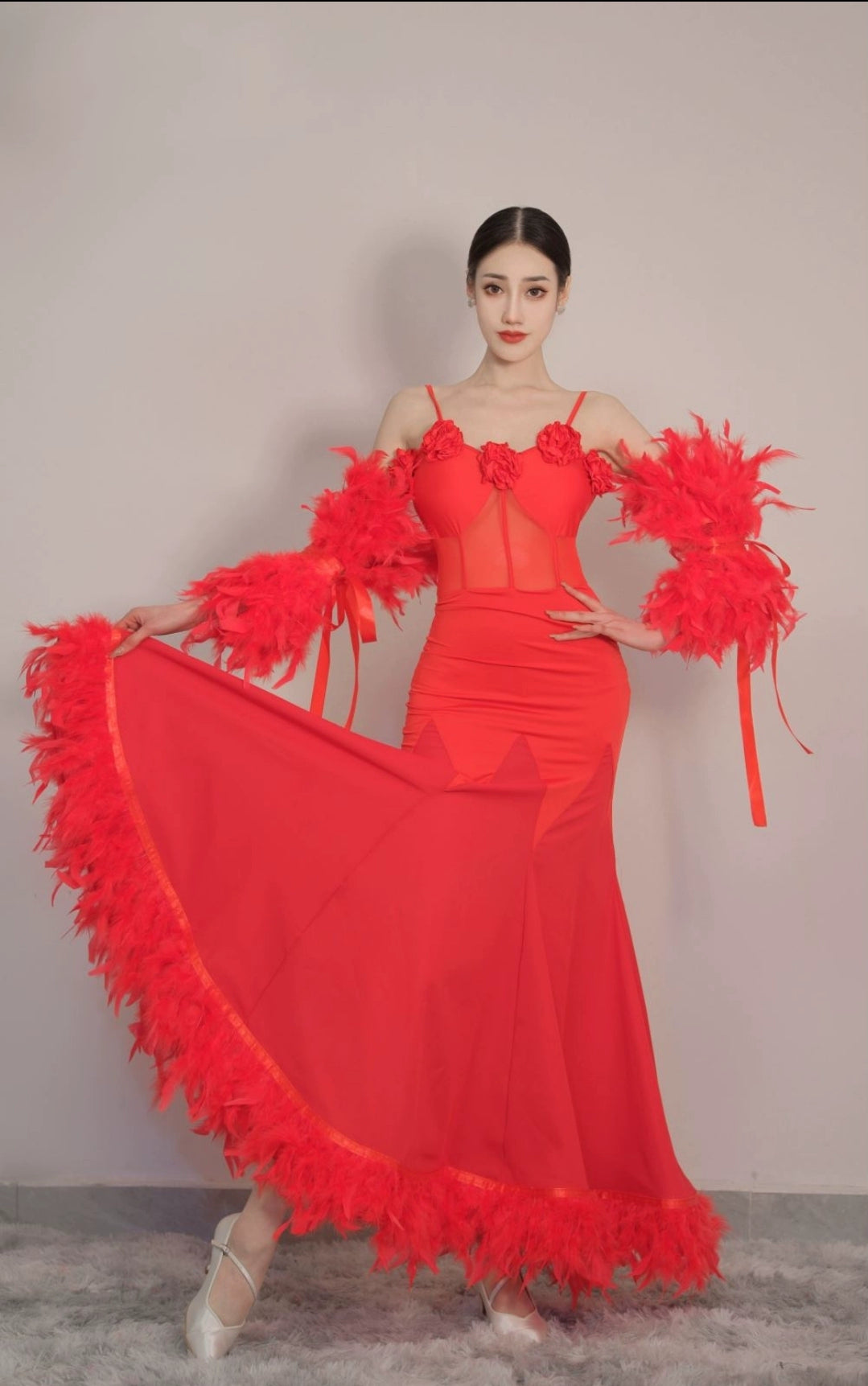 Red Feather Ballroom Dance Dresses for Women Girls Waltz Tango Foxtrot Smooth Dance Skirt National Rhythm Standard Dance Long Gown - Moderndancedress.com