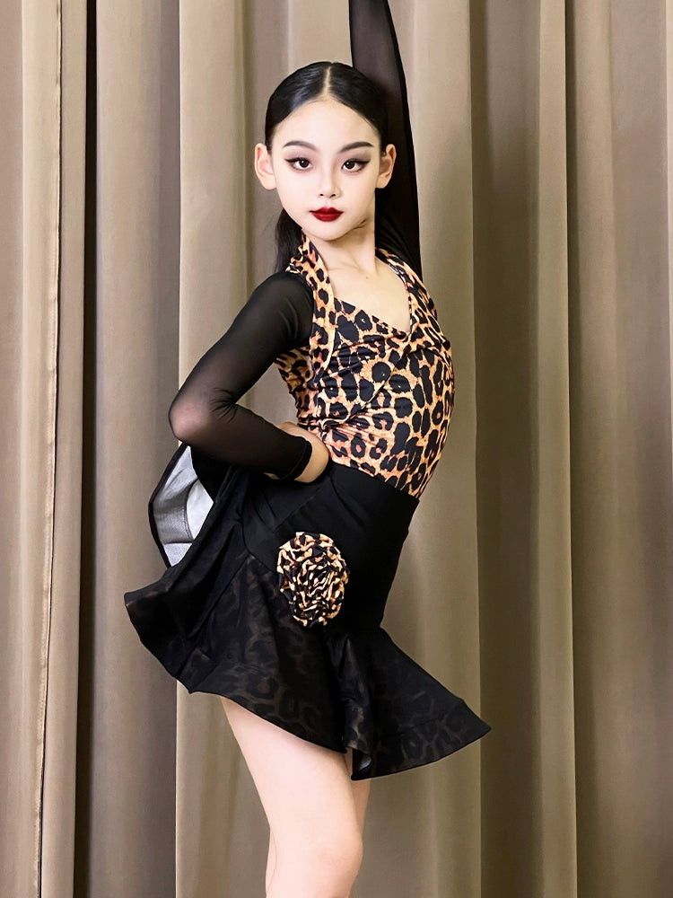 Black with leopard Latin dance dresses girls kids salsa chacha ballroom performance outfits modern dance costumes for children - Moderndancedress.com