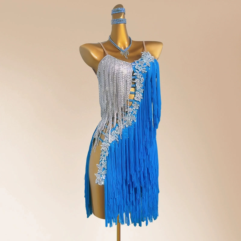Custom Size Turquoise Blue Competition Latin Dance Dresses for Women Girls Crystal Fringe Salsa Rumba Chacha Dancewear