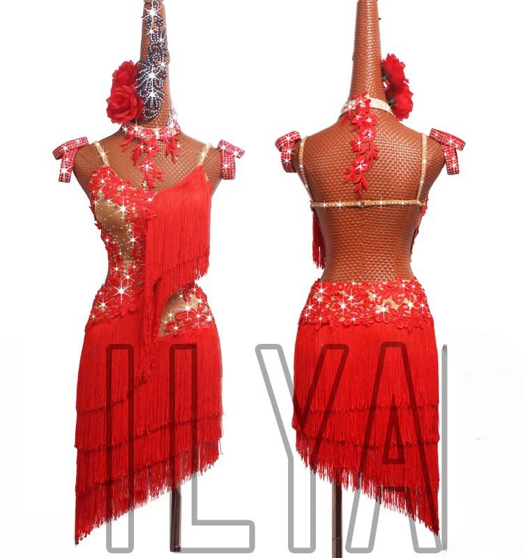 Women girls Red  Embroidered Lace Latin Dance dresses Tassels Competition samba chacha salsa Sparkling Diamond Dance Skirt - Moderndancedress.com