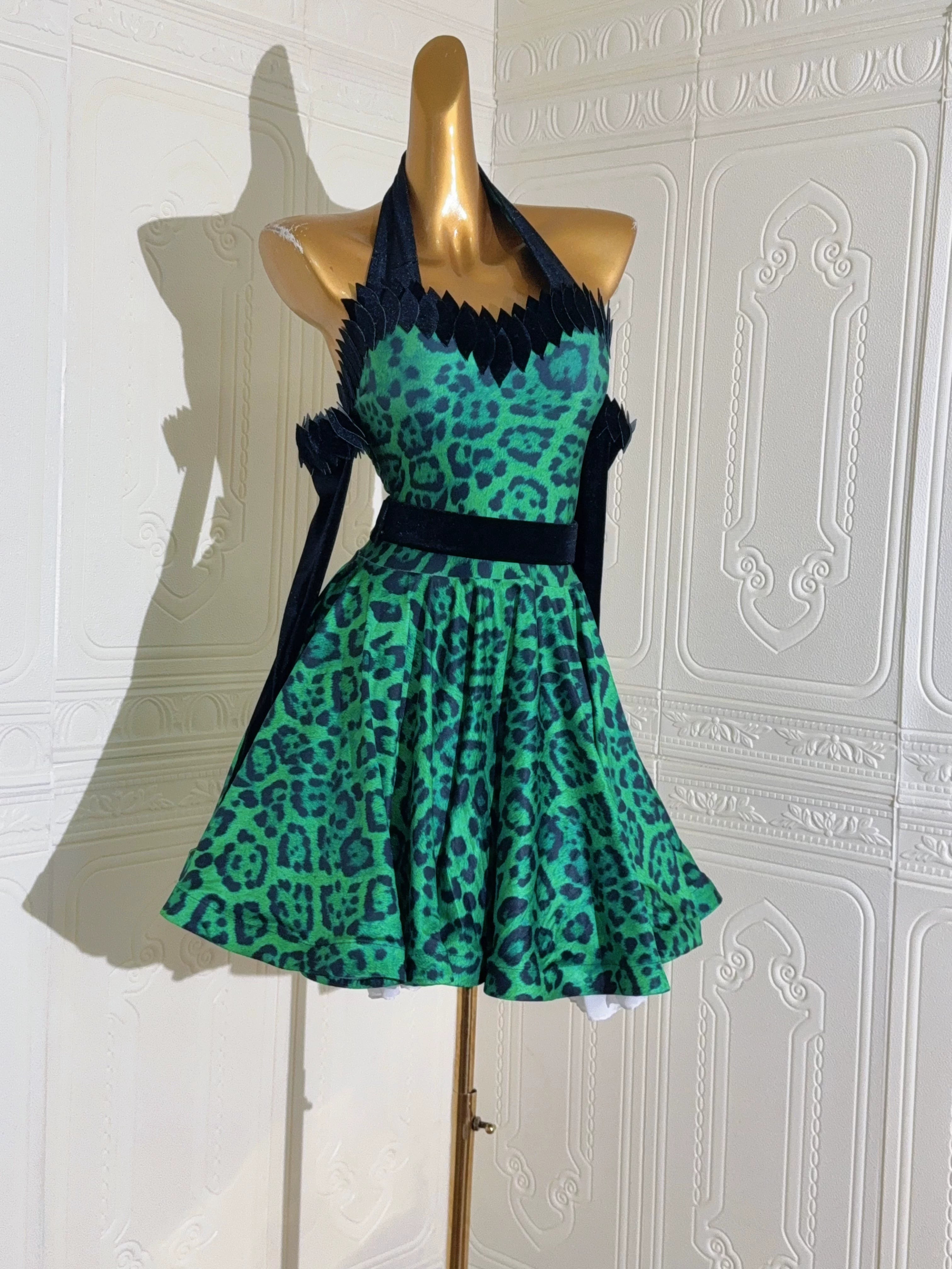 Custom Size Green Leopard Latin Dress for Women Salsa Ballroom Performance Clothes