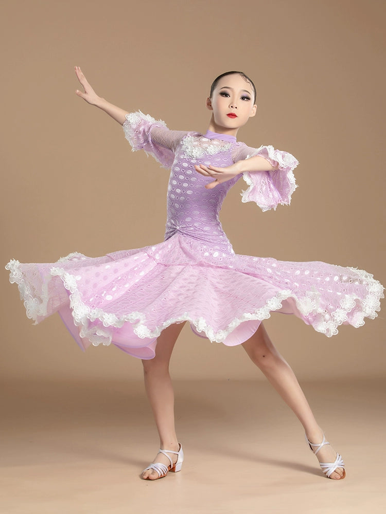 Purple lace Modern Ballroom dance dresses for girls kids children Waltz ballroom tango Practice Clothes Training Dance Skirts for girl - Moderndancedress.com
