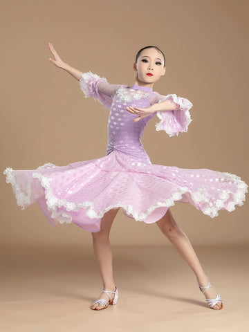 Purple lace Modern Ballroom dance dresses for girls kids children Waltz ballroom tango Practice Clothes Training Dance Skirts for girl - Moderndancedress.com