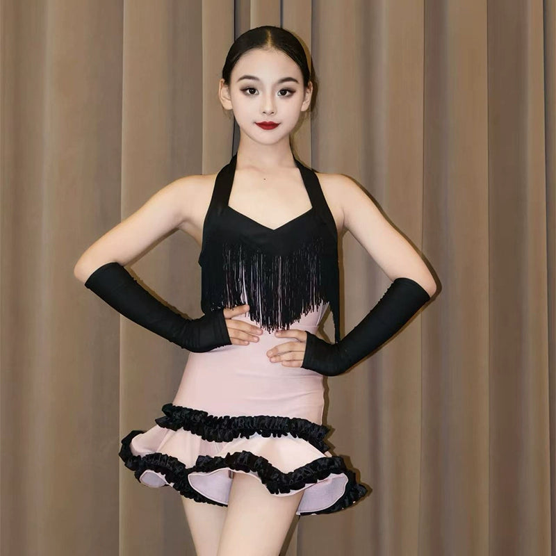 Girls Latin Dance Dresses Wine Pink Fringe Salsa Rumba Chacha Ballroom Latin Dance Costumes for Kids
