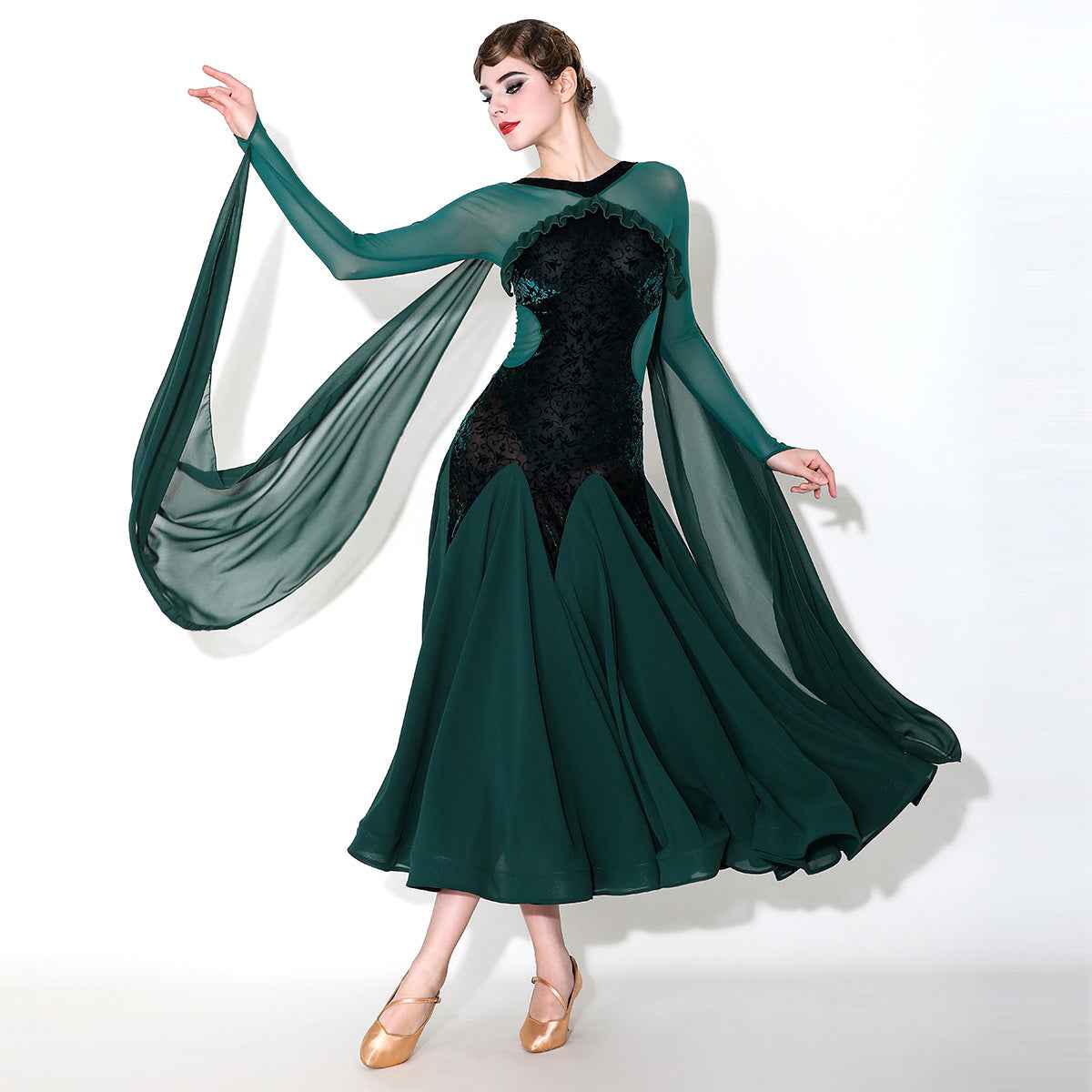 Wine Dark Green Ballroom Dance Dresses for Women Girls Float Sleeves Waltz Tango Foxtrot Smooth Dance Long Gown - Moderndancedress.com