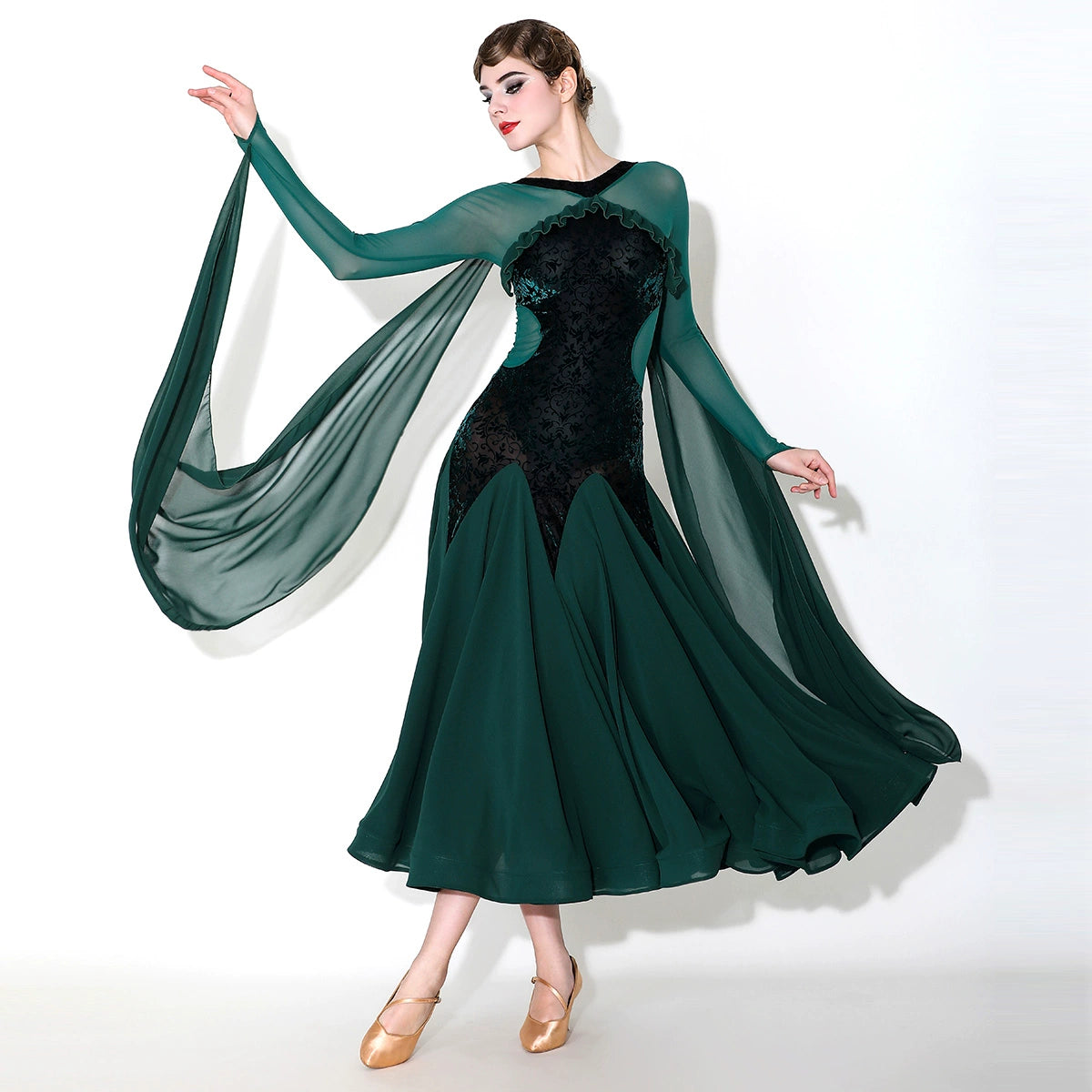 Wine Dark Green Ballroom Dance Dresses for Women Girls Float Sleeves Waltz Tango Foxtrot Smooth Dance Long Gown - Moderndancedress.com