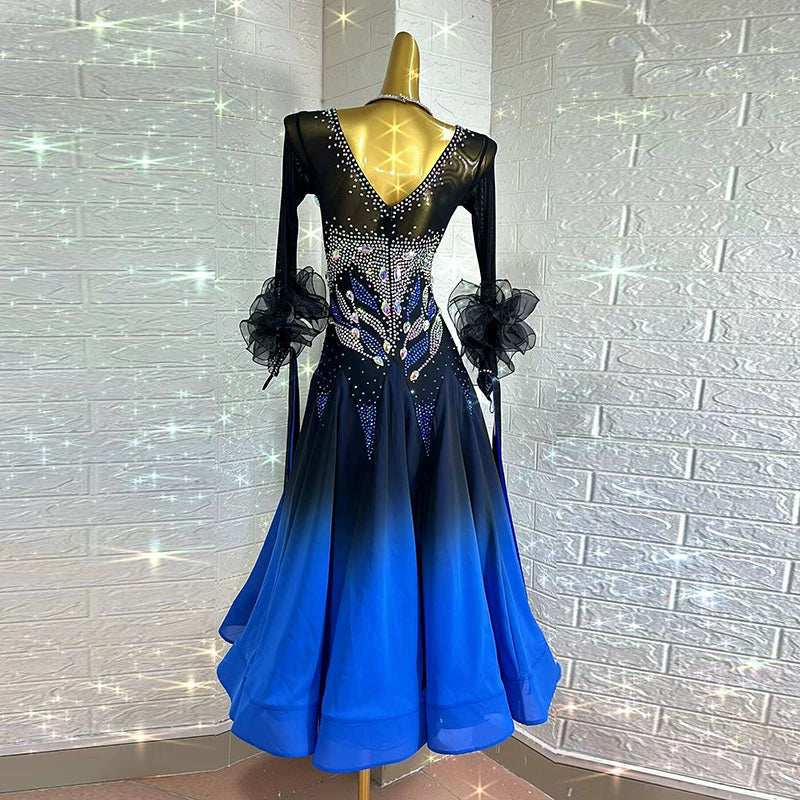 Customized Size Royal Blue Gradient Competition Ballroom Dance Dresses for Women Girls Waltz Tango Rhythm Dance Gown - Moderndancedress.com