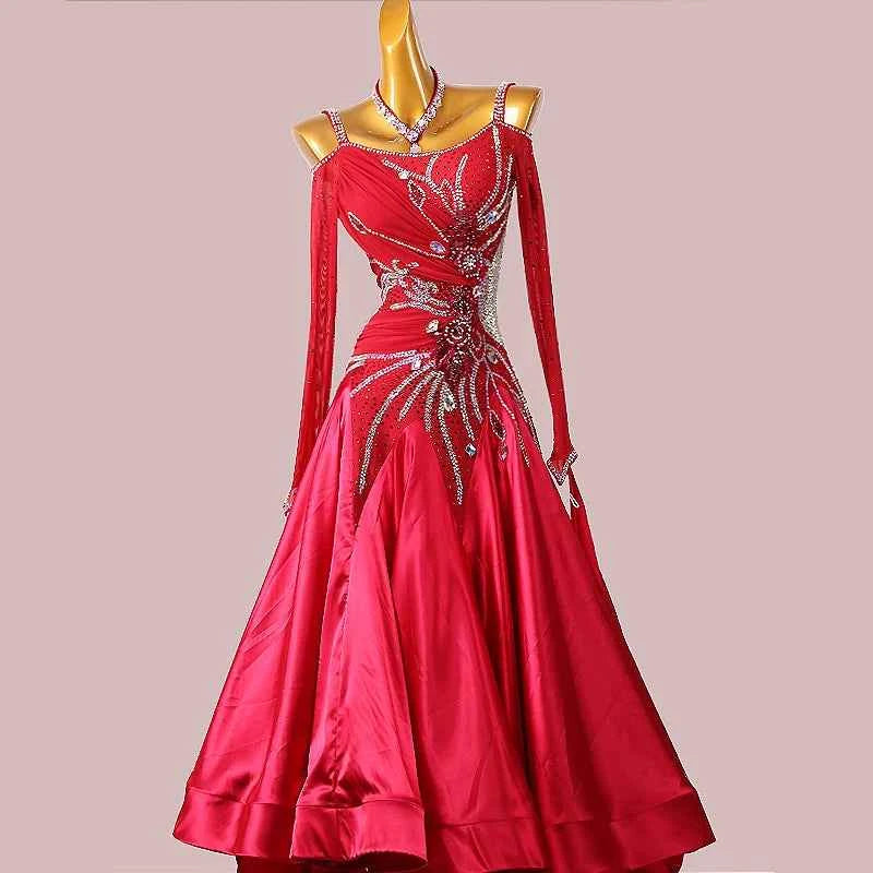 Custom Size Wine Rhinestones Ballroom Dance Dresses Dew Shoulder Long Sleeve