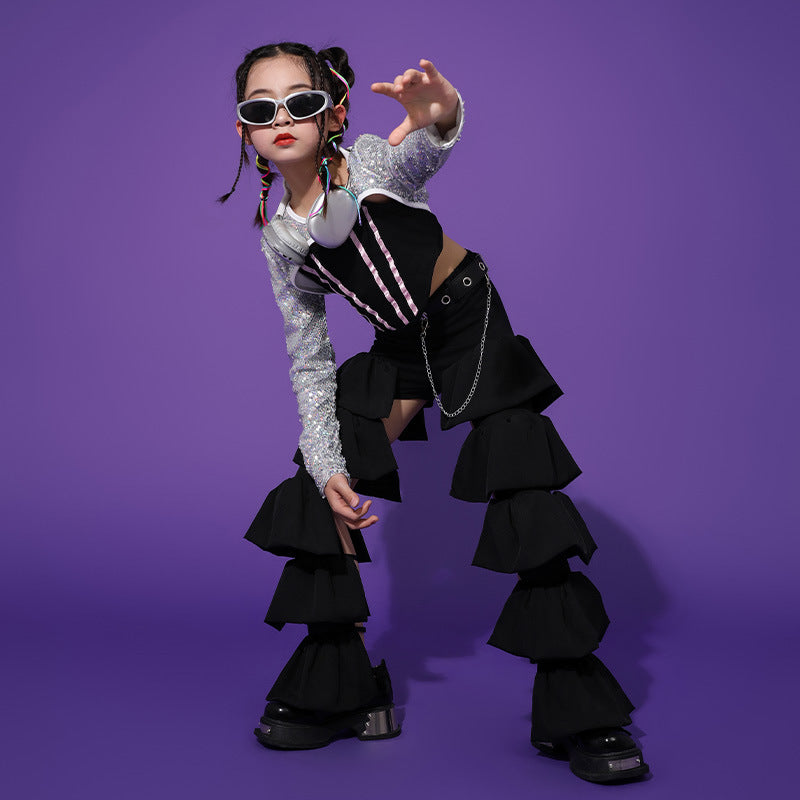 Girls silver sequin Jazz hiphop Dance costumes for kids  children rapper singers gogo dancers Performance Clothing model show outfits - Moderndancedress.com