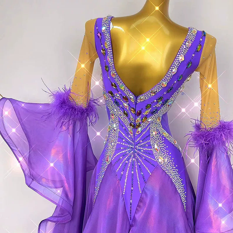 Customized Violet Gemstones Competition Ballroom Dance Dress for Women Waltz Tango Foxtrot Dancing Gown