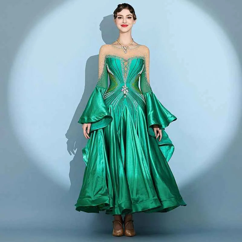 Custom Size Competition Ballroom Dance Dresses for Women Green Wine Gemstones Waltz Performance Long Gown
