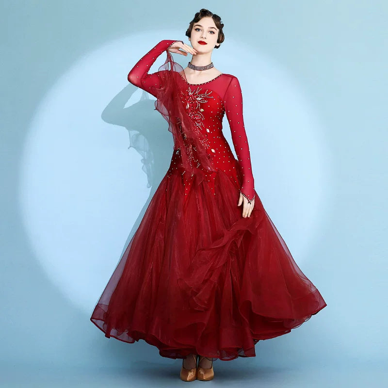 Navy Ballroom Competition Dress with Rhinestones & Floats Waltz Rhythm Dance Gown