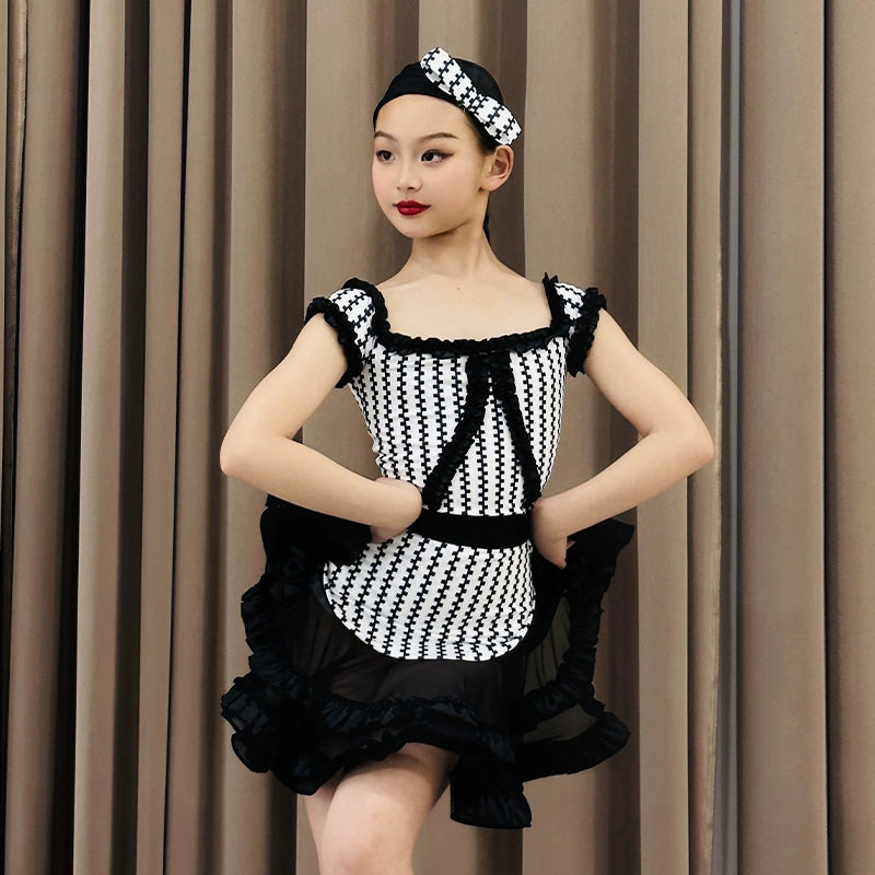 Black white plaid Latin dance dresses for kids girls salsa rumba latin stage performance dance uniforms for children - Moderndancedress.com