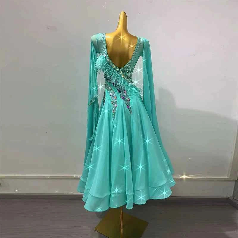 Customized Size Turquoise Competition Ballroom Dance Dresses for Women Girls Waltz Tango Foxtort Rhythm Dance Long Gown