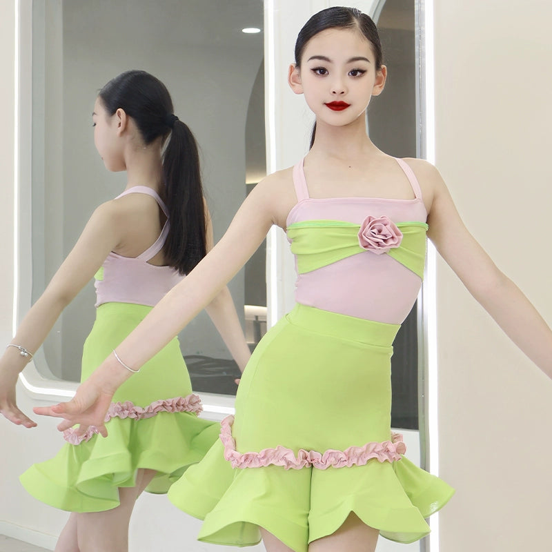 Girls Latin Dance Dresses Pink Green Flowers Latin Salsa Rumba Ballroom Ball Solo Performance Costumes for Kids
