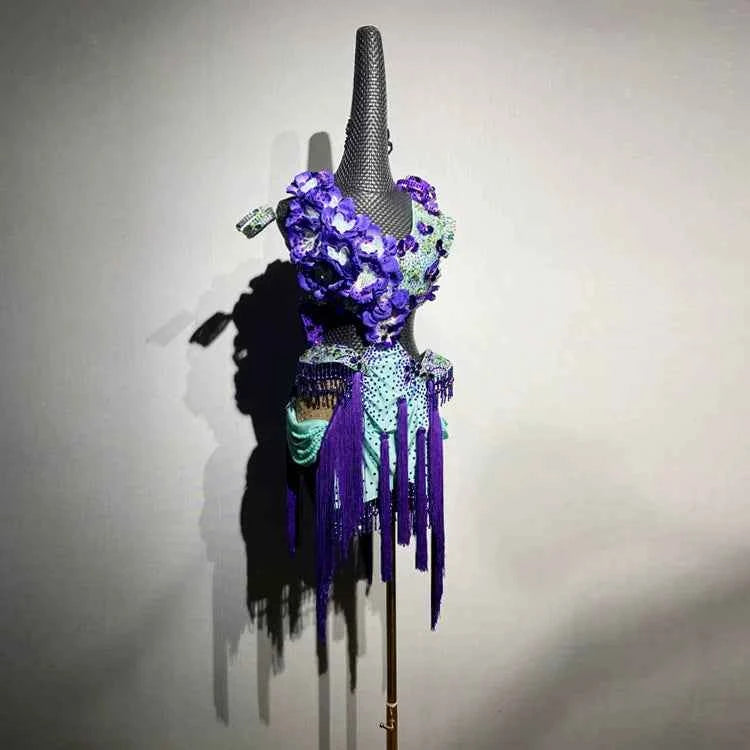 Custom 3D Floral Latin Dance Dress | Purple &Mint Professional Ballroom Competition Outfit