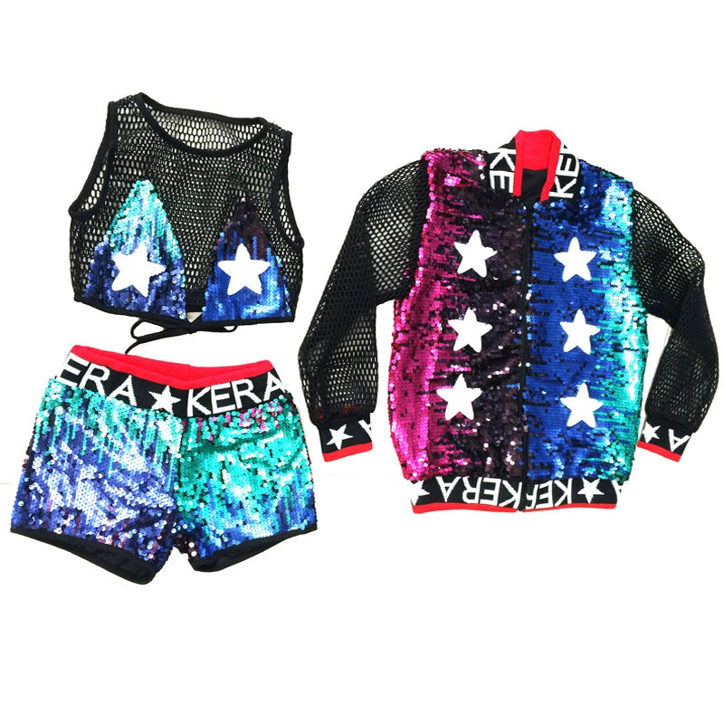 Girls' Jazz Dancing Costume Boys Kids Hip Hop Street Dance Outfits Blue Sequins Cheerleaders uniforms Catwalk Model Show Clothes for Children - Moderndancedress.com
