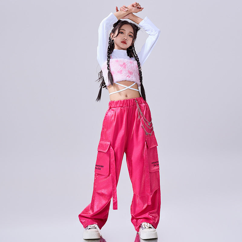 Girls Hiphop Dance Costumes Pink Feather Kids Jazz Gogo Rapper Singers Street Dance Suit Walk Show Outfits