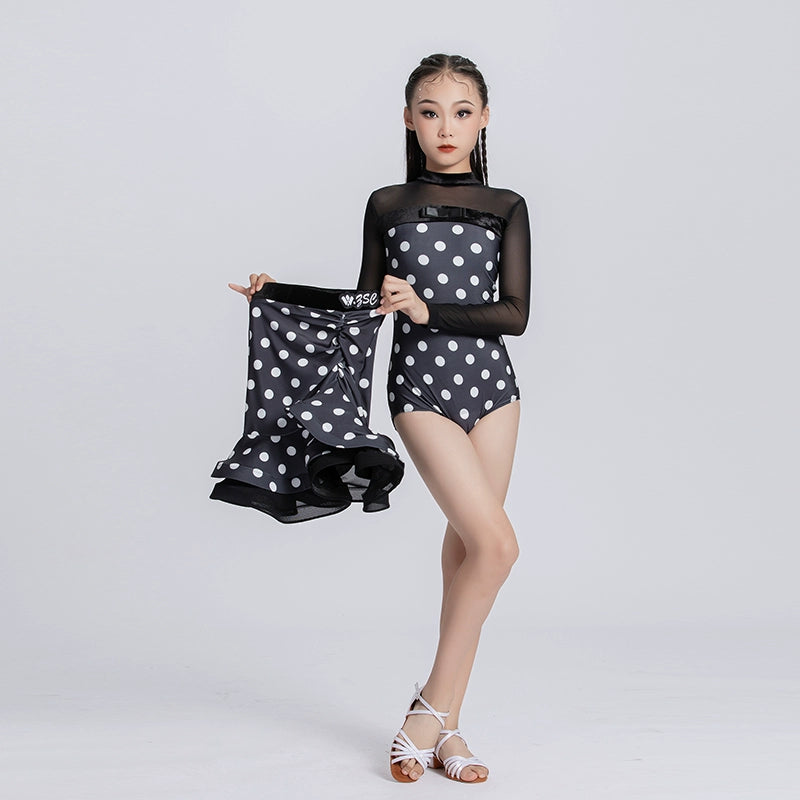 Children's black white polka dot Latin dance dresses school art test clothes salsa chacha latin tap dance Competition performance outfits - Moderndancedress.com