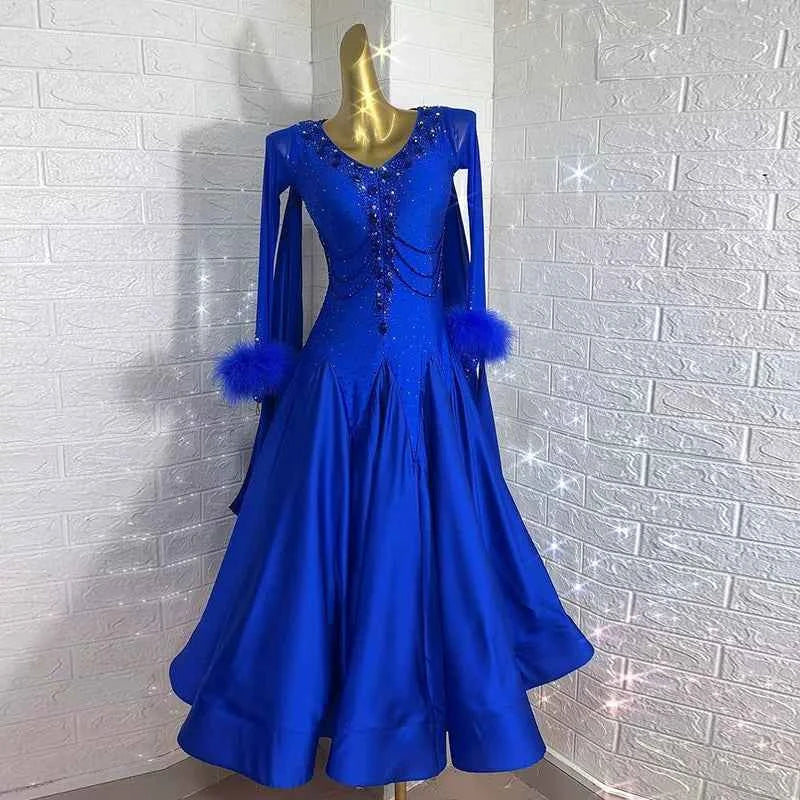 Custom Size Royal Blue Ballroom Dance Dress Crystal Competition Waltz Tango Smooth Dance Gown