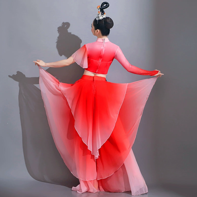Red gradient chinese folk Classical dance costumes women Festival traditional umbrella fan yangge dance petals dresses - Moderndancedress.com