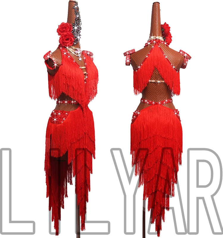 Red Latin dance competition dresses for women salsa rumba chacha dance long fringed skirt bling dance outfits for Girls - Moderndancedress.com
