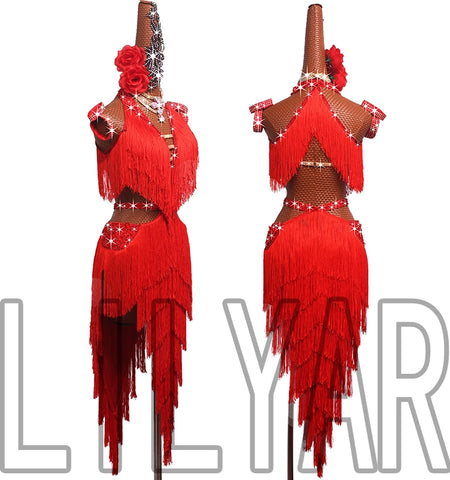 Red Latin dance competition dresses for women salsa rumba chacha dance long fringed skirt bling dance outfits for Girls - Moderndancedress.com