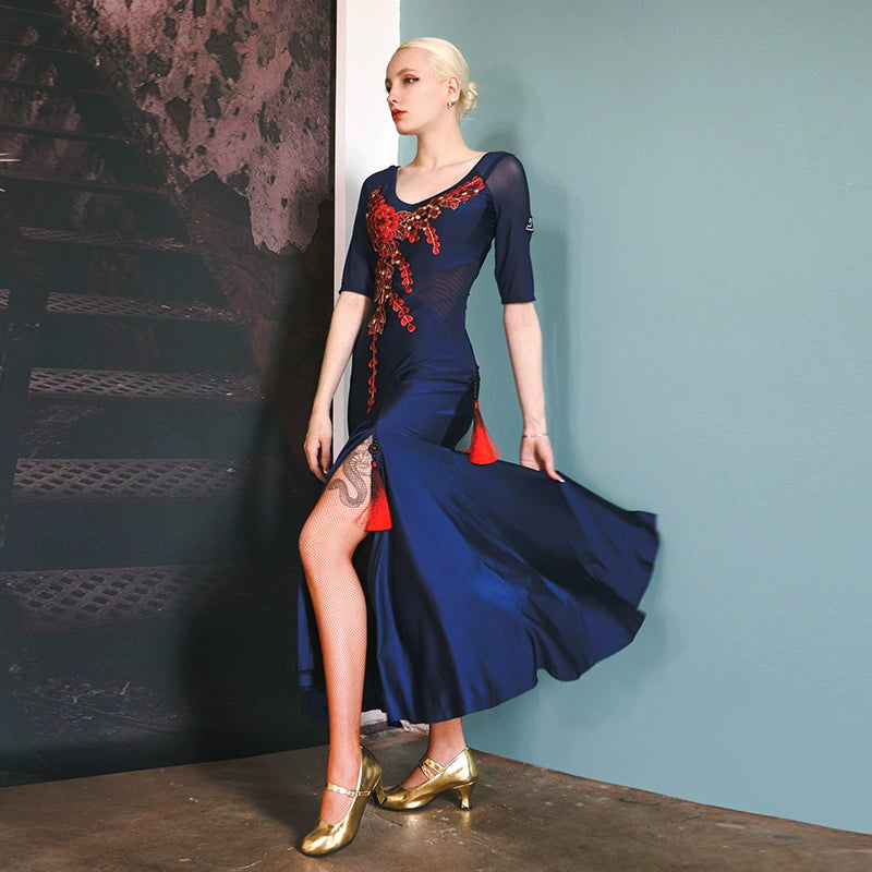 Navy ballroom dance dresses for women girls red embroidery flowers modern waltz tango side slit dance swing skirts for female - Moderndancedress.com