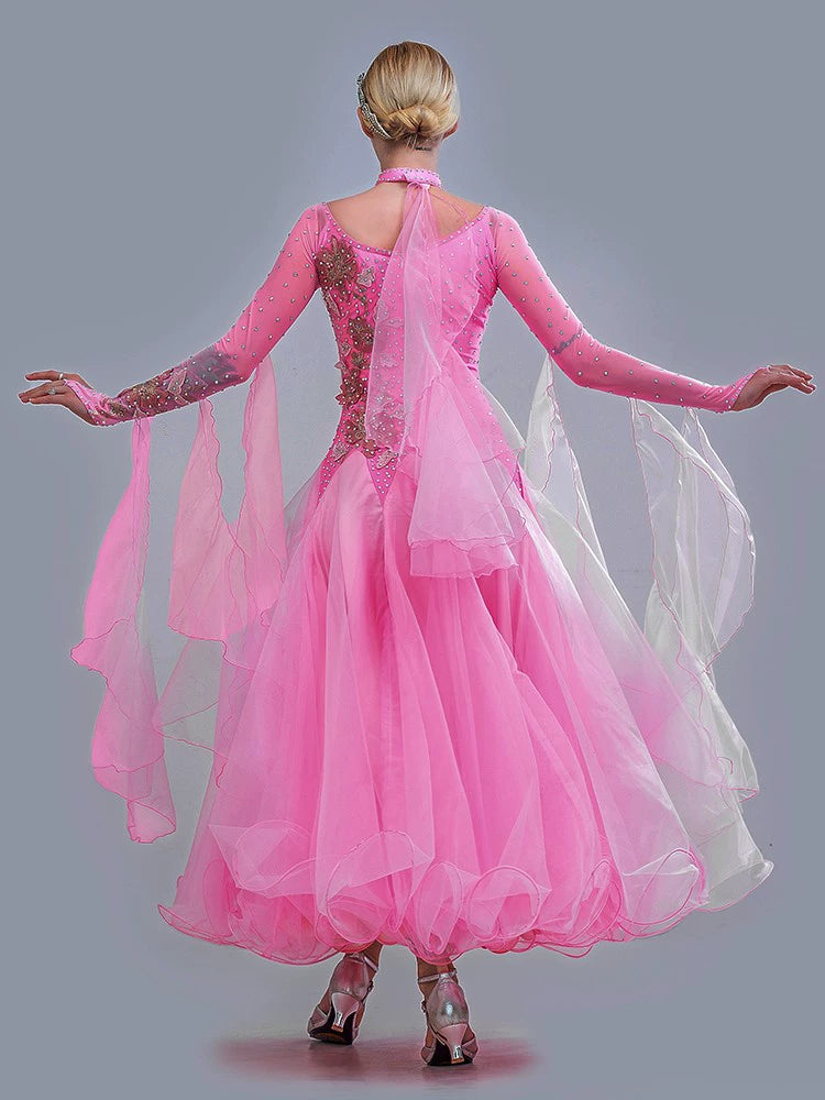 Modem ballroom dance dresses for women girls pink diamond ballroom dancing competition gown waltz tango foxtrot dancing skirt - Moderndancedress.com