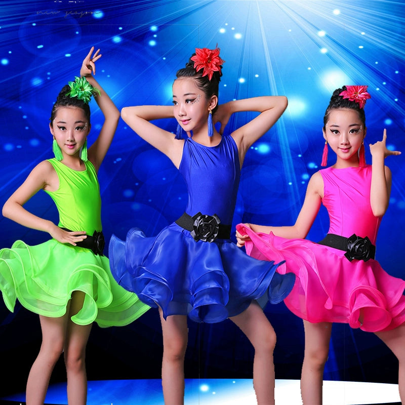 Children Competition Neon Green Pink Blue Latin Dance Dresses Ruffles Salsa Chacha  Performance Clothes for Girls - Moderndancedress.com