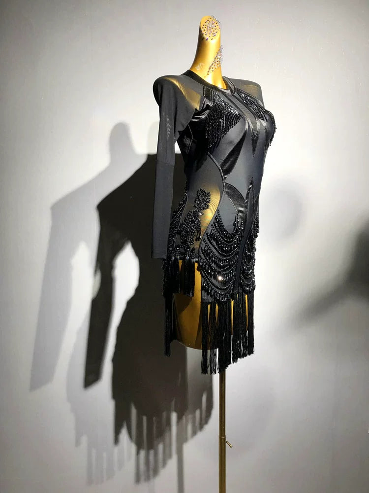 Custom Competition Black Latin Dance Dress Geometric Mesh & Rhinestone Fringe Costume