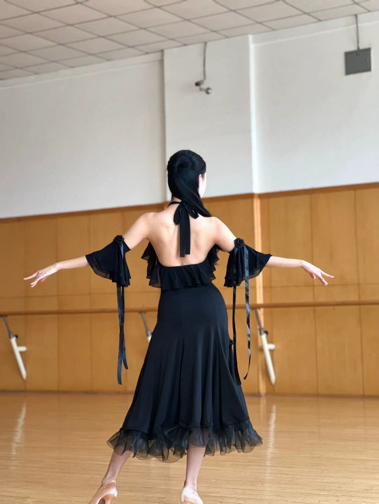 Ballroom Dance Dresses for Women Girls Ruffles Black Pink Lace Waltz Tango Rhythm Dance Long Skirts
