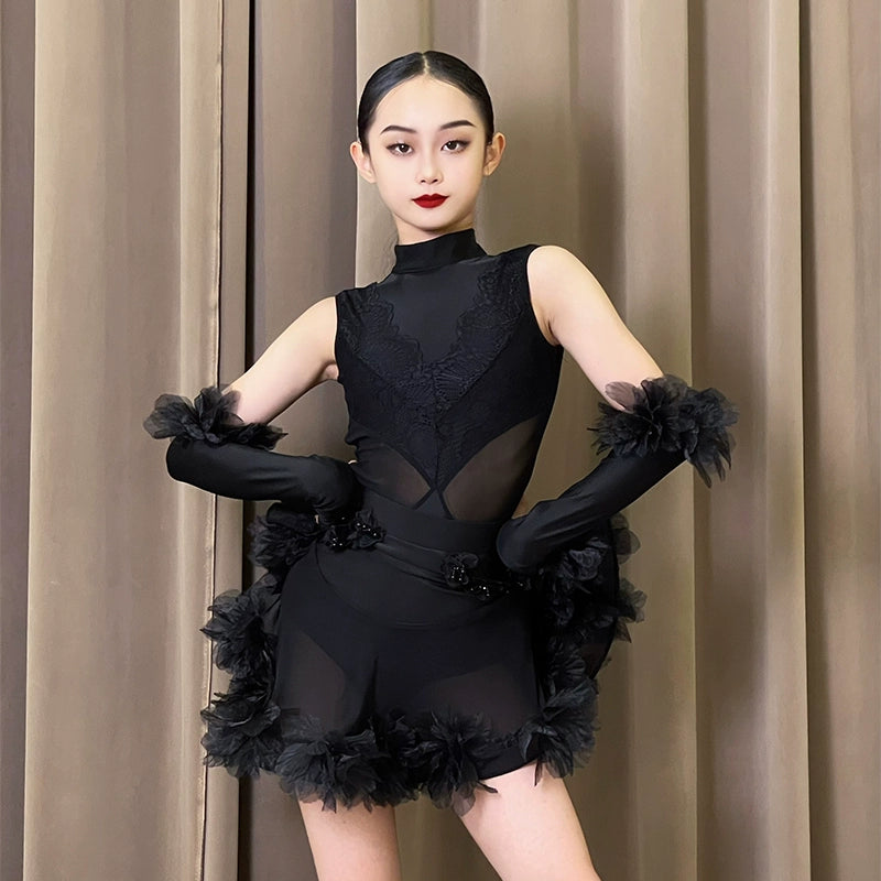White Black Lace Ruffles Latin Dance Dresses for Girls Kids Salsa Rumba Chach Party Stage Performance Outfits Modern Dance Skrits with Gloves - Moderndancedress.com