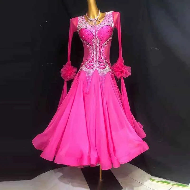 Custom Size Fuchsia Ballroom Dance Dress Waltz Tango Competition Dance Long Gown